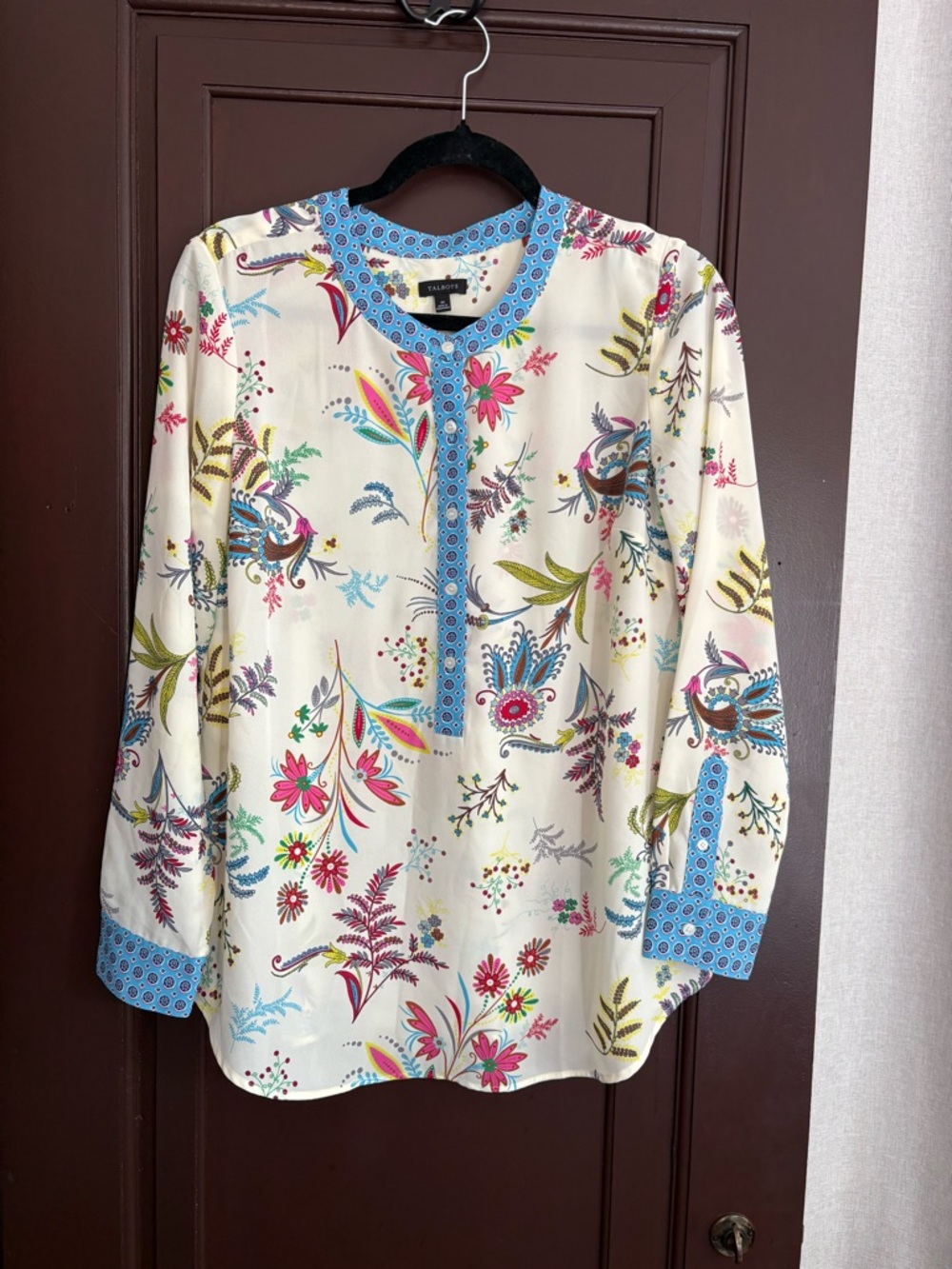 Talbots Dancing floral band collar popover blouse mixed prints size M